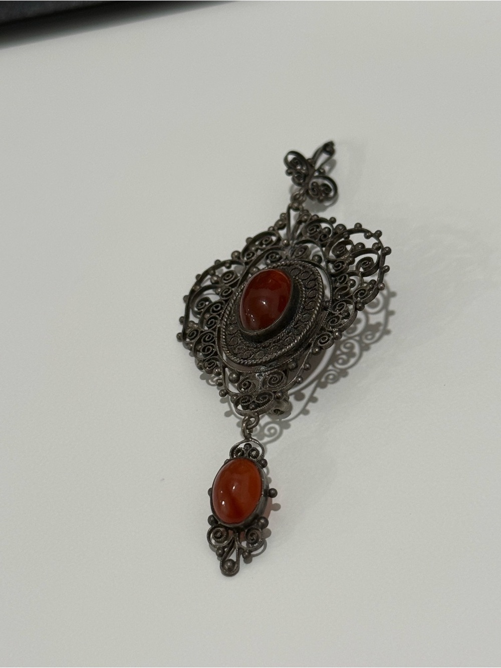 Unbranded Antique-Style Orange Reddish stone Filigree Pin Brooch Pendant (read)